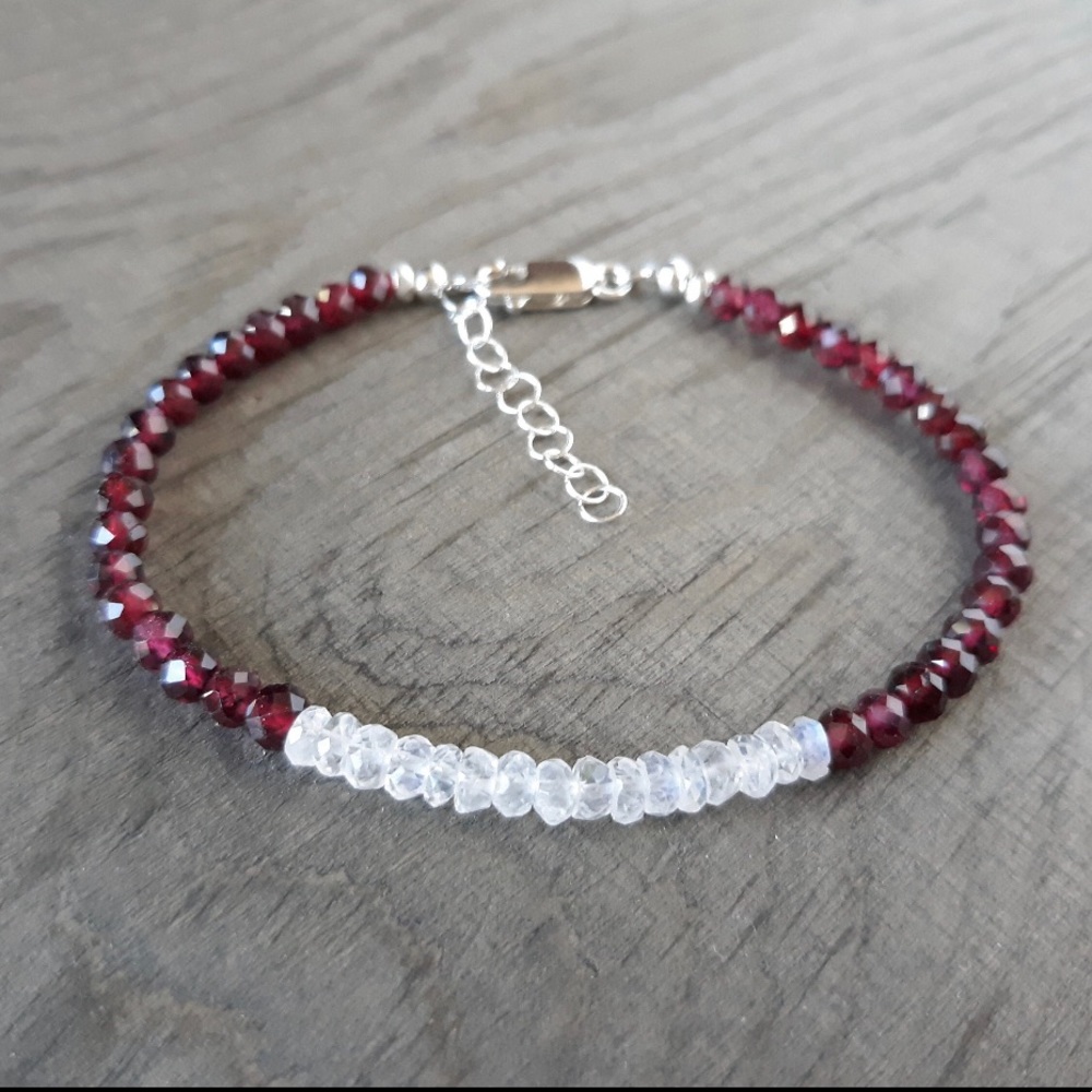 Moonstone and Garnet Bracelet Handmade beaded bracelet in sterling silver